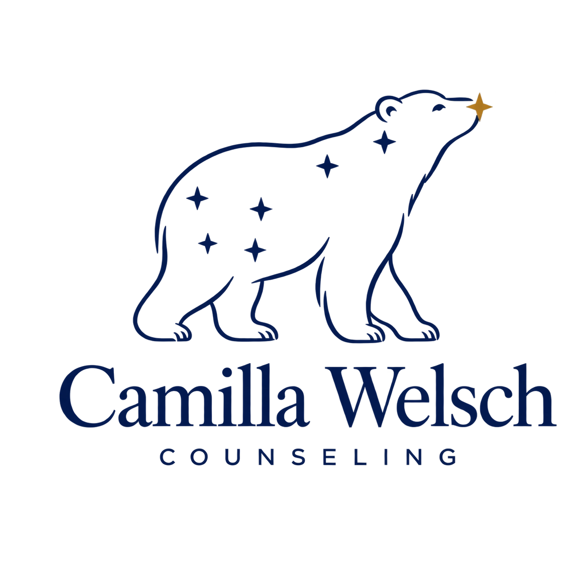 Camilla Welsch Counseling: a bear with Little Dipper stars and a gold North Star nose